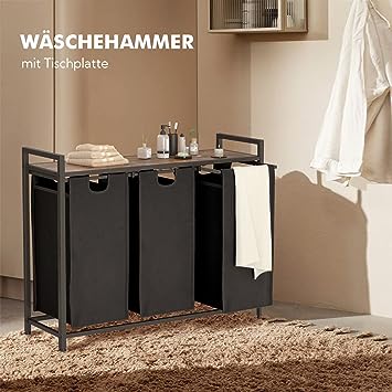 Laundry Basket with 3 Compartments, Laundry Hamper, 43 L x 3, Pull-Out and Removable Oxford cloth ba
