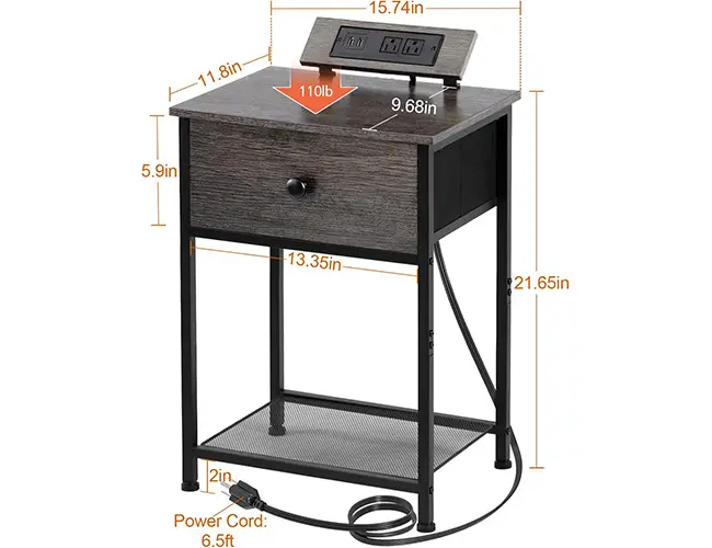 Small Nightstand with Charging Station HET03SDPDG