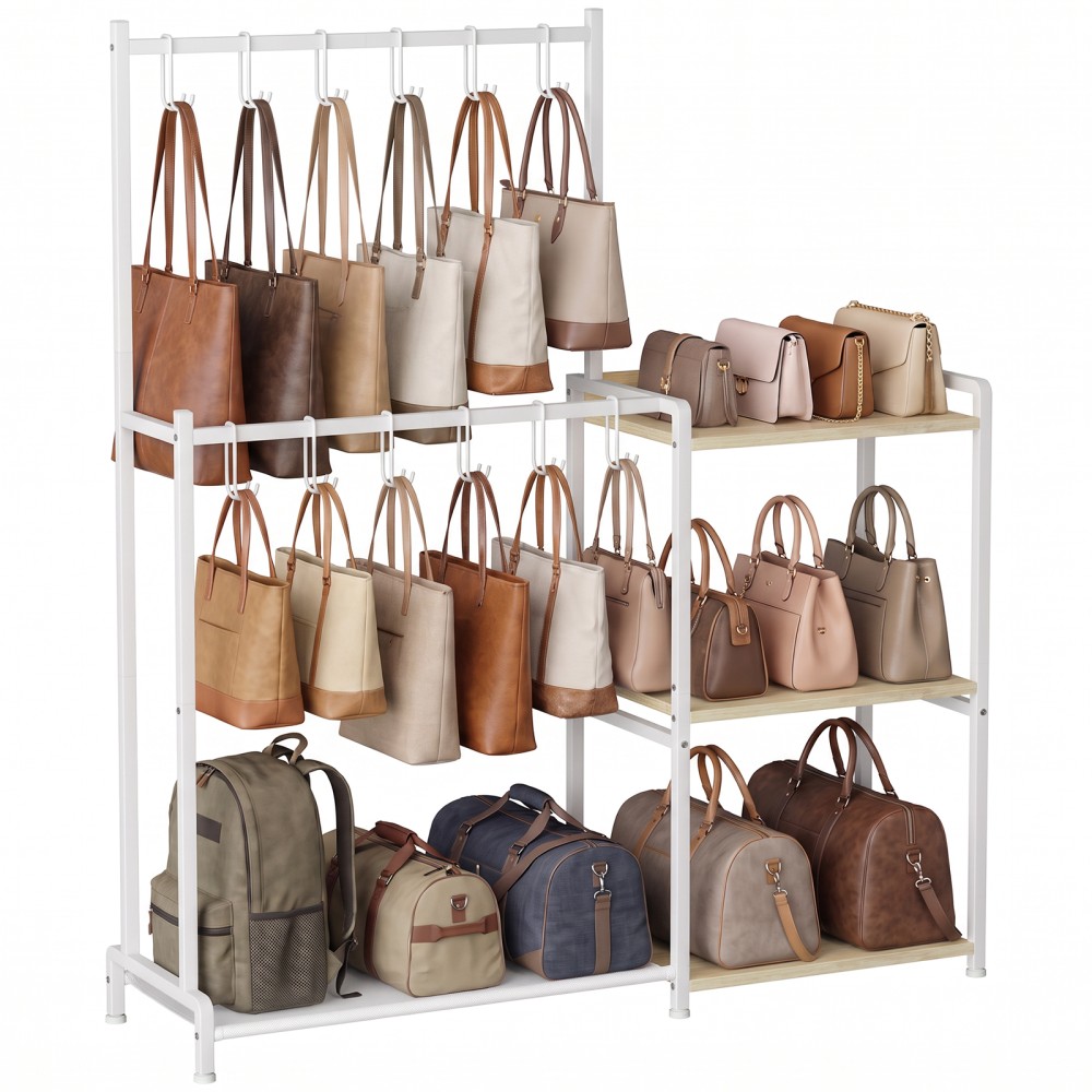 LOAKEKEL Purse Organizer for Closet, 2-Tier Rack with 12 Hooks, White