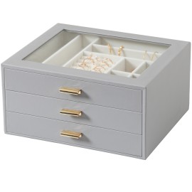 LOAKEKEL Jewelry Organizer, 3-Layer Jewelry Box with Glass Lid, Jewelry Case with 3 Drawers, Jewelry Storage for Women, Gift, Gray, CJB03GY