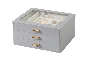 LOAKEKEL Jewelry Organizer, 3-Layer Jewelry Box with Glass Lid, Jewelry Case with 3 Drawers, Jewelry Storage for Women, Gift, Gray, CJB03GY