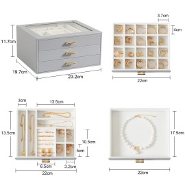 LOAKEKEL Jewelry Organizer, 3-Layer Jewelry Box with Glass Lid, Jewelry Case with 3 Drawers, Jewelry Storage for Women, Gift, Gray, CJB03GY