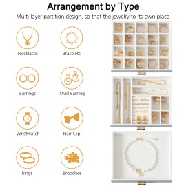 LOAKEKEL Jewelry Organizer, 3-Layer Jewelry Box with Glass Lid, Jewelry Case with 3 Drawers, Jewelry Storage for Women, Gift, Gray, CJB03GY