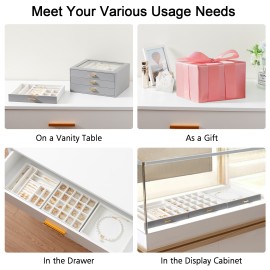 LOAKEKEL Jewelry Organizer, 3-Layer Jewelry Box with Glass Lid, Jewelry Case with 3 Drawers, Jewelry Storage for Women, Gift, Gray, CJB03GY