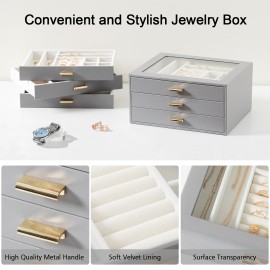 LOAKEKEL Jewelry Organizer, 3-Layer Jewelry Box with Glass Lid, Jewelry Case with 3 Drawers, Jewelry Storage for Women, Gift, Gray, CJB03GY