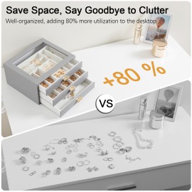 LOAKEKEL Jewelry Organizer, 3-Layer Jewelry Box with Glass Lid, Jewelry Case with 3 Drawers, Jewelry Storage for Women, Gift, Gray, CJB03GY