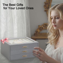 LOAKEKEL Jewelry Organizer, 3-Layer Jewelry Box with Glass Lid, Jewelry Case with 3 Drawers, Jewelry Storage for Women, Gift, Gray, CJB03GY