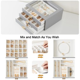 LOAKEKEL Jewelry Organizer, 3-Layer Jewelry Box with Glass Lid, Jewelry Case with 3 Drawers, Jewelry Storage for Women, Gift, Gray, CJB03GY
