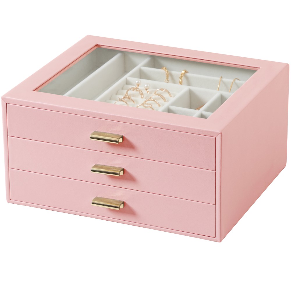 LOAKEKEL Jewelry Organizer, 3-Layer Jewelry Box with Glass Lid, Jewelry Case with 3 Drawers, Jewelry Storage for Women, Gift, Pink, CJB03PK