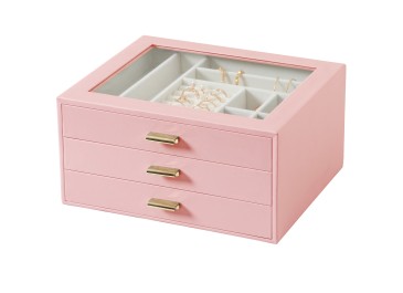 LOAKEKEL Jewelry Organizer, 3-Layer Jewelry Box with Glass Lid, Jewelry Case with 3 Drawers, Jewelry Storage for Women, Gift, Pink, CJB03PK