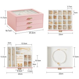 LOAKEKEL Jewelry Organizer, 3-Layer Jewelry Box with Glass Lid, Jewelry Case with 3 Drawers, Jewelry Storage for Women, Gift, Pink, CJB03PK