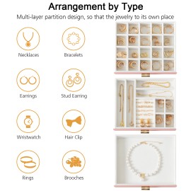 LOAKEKEL Jewelry Organizer, 3-Layer Jewelry Box with Glass Lid, Jewelry Case with 3 Drawers, Jewelry Storage for Women, Gift, Pink, CJB03PK