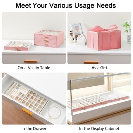 LOAKEKEL Jewelry Organizer, 3-Layer Jewelry Box with Glass Lid, Jewelry Case with 3 Drawers, Jewelry Storage for Women, Gift, Pink, CJB03PK