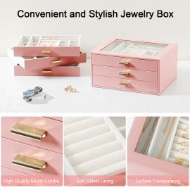 LOAKEKEL Jewelry Organizer, 3-Layer Jewelry Box with Glass Lid, Jewelry Case with 3 Drawers, Jewelry Storage for Women, Gift, Pink, CJB03PK