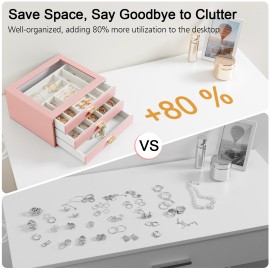 LOAKEKEL Jewelry Organizer, 3-Layer Jewelry Box with Glass Lid, Jewelry Case with 3 Drawers, Jewelry Storage for Women, Gift, Pink, CJB03PK