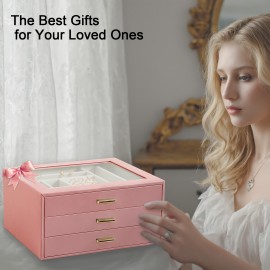 LOAKEKEL Jewelry Organizer, 3-Layer Jewelry Box with Glass Lid, Jewelry Case with 3 Drawers, Jewelry Storage for Women, Gift, Pink, CJB03PK