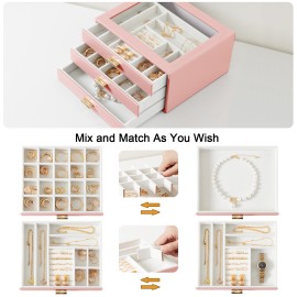 LOAKEKEL Jewelry Organizer, 3-Layer Jewelry Box with Glass Lid, Jewelry Case with 3 Drawers, Jewelry Storage for Women, Gift, Pink, CJB03PK