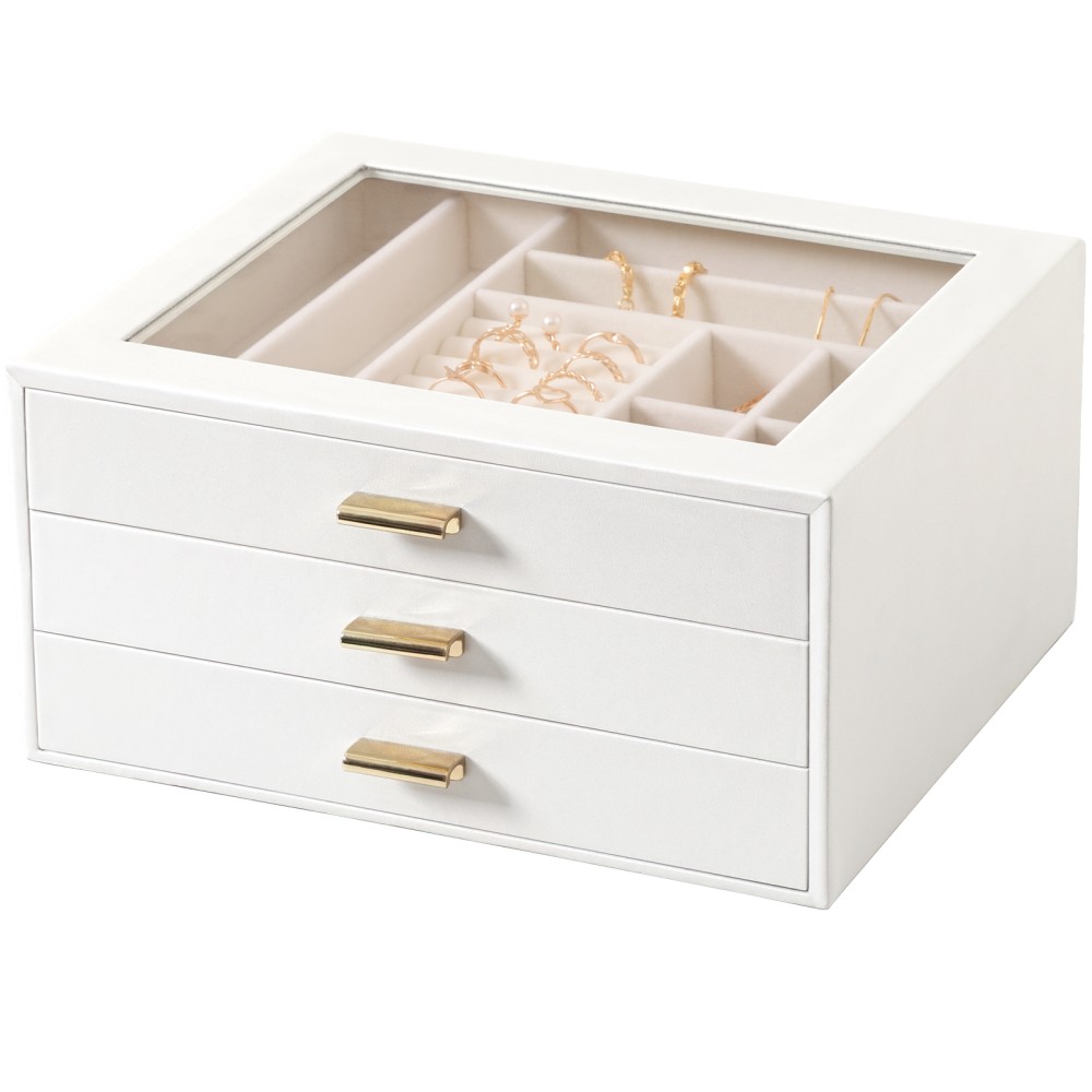 LOAKEKEL Jewelry Organizer, 3-Layer Jewelry Box with Glass Lid, Jewelry Case with 3 Drawers, Jewelry Storage for Women, Gift, White, CJB03WT