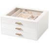 Jewelry Organizer, 3-Layer Jewelry Box with Glass Lid, Jewelry Case with 3 Drawers, Jewelry Storage for Women, Gift, White, CJB03WT