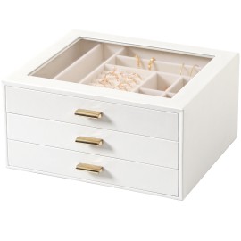 LOAKEKEL Jewelry Organizer, 3-Layer Jewelry Box with Glass Lid, Jewelry Case with 3 Drawers, Jewelry Storage for Women, Gift, White, CJB03WT