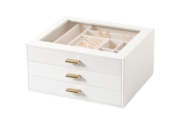 LOAKEKEL Jewelry Organizer, 3-Layer Jewelry Box with Glass Lid, Jewelry Case with 3 Drawers, Jewelry Storage for Women, Gift, White, CJB03WT