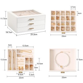 LOAKEKEL Jewelry Organizer, 3-Layer Jewelry Box with Glass Lid, Jewelry Case with 3 Drawers, Jewelry Storage for Women, Gift, White, CJB03WT
