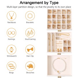 LOAKEKEL Jewelry Organizer, 3-Layer Jewelry Box with Glass Lid, Jewelry Case with 3 Drawers, Jewelry Storage for Women, Gift, White, CJB03WT