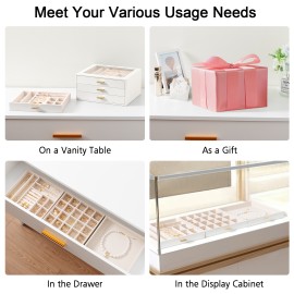 LOAKEKEL Jewelry Organizer, 3-Layer Jewelry Box with Glass Lid, Jewelry Case with 3 Drawers, Jewelry Storage for Women, Gift, White, CJB03WT