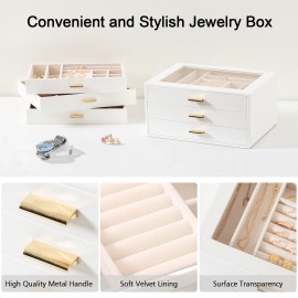 LOAKEKEL Jewelry Organizer, 3-Layer Jewelry Box with Glass Lid, Jewelry Case with 3 Drawers, Jewelry Storage for Women, Gift, White, CJB03WT