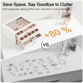 LOAKEKEL Jewelry Organizer, 3-Layer Jewelry Box with Glass Lid, Jewelry Case with 3 Drawers, Jewelry Storage for Women, Gift, White, CJB03WT