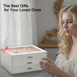 LOAKEKEL Jewelry Organizer, 3-Layer Jewelry Box with Glass Lid, Jewelry Case with 3 Drawers, Jewelry Storage for Women, Gift, White, CJB03WT