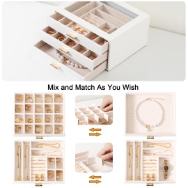 LOAKEKEL Jewelry Organizer, 3-Layer Jewelry Box with Glass Lid, Jewelry Case with 3 Drawers, Jewelry Storage for Women, Gift, White, CJB03WT