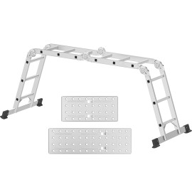 AMHANCIBLE Multi-Purpose Ladder, Aluminium Ladder, 4 x 3 Steps, Foldable, for Painting, Ceiling, Garden, up to 150 kg, 3.4 m, 6-in-Design, TÜV/GS Certified, Silver EBAL01SV