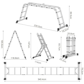 AMHANCIBLE Multi-Purpose Ladder, Aluminium Ladder, 4 x 3 Steps, Foldable, for Painting, Ceiling, Garden, up to 150 kg, 3.4 m, 6-in-Design, TÜV/GS Certified, Silver EBAL01SV