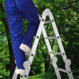 AMHANCIBLE Multi-Purpose Ladder, Aluminium Ladder, 4 x 3 Steps, Foldable, for Painting, Ceiling, Garden, up to 150 kg, 3.4 m, 6-in-Design, TÜV/GS Certified, Silver EBAL01SV
