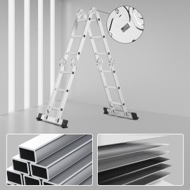 AMHANCIBLE Multi-Purpose Ladder, Aluminium Ladder, 4 x 3 Steps, Foldable, for Painting, Ceiling, Garden, up to 150 kg, 3.4 m, 6-in-Design, TÜV/GS Certified, Silver EBAL01SV