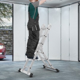 AMHANCIBLE Multi-Purpose Ladder, Aluminium Ladder, 4 x 3 Steps, Foldable, for Painting, Ceiling, Garden, up to 150 kg, 3.4 m, 6-in-Design, TÜV/GS Certified, Silver EBAL01SV