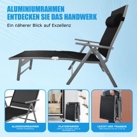 AMHANCIBLE 折叠式日光躺椅，采用防锈铝材制成，花园躺椅，靠背可调节，配有可拆卸枕头，最大承重150公斤，可调节，适用于花园、阳台 EGL01BK