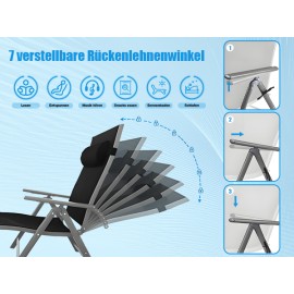 AMHANCIBLE 折叠式日光躺椅，采用防锈铝材制成，花园躺椅，靠背可调节，配有可拆卸枕头，最大承重150公斤，可调节，适用于花园、阳台 EGL01BK