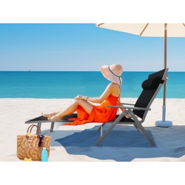 AMHANCIBLE 折叠式日光躺椅，采用防锈铝材制成，花园躺椅，靠背可调节，配有可拆卸枕头，最大承重150公斤，可调节，适用于花园、阳台 EGL01BK