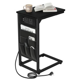 AMHANCIBLE C-Shaped Side Table with Charging Station, 2 USB & AC Outlets, Narrow Coffee Bedside Table with Cloth Storage Bag for Sofa, Small Spaces, Living Room, Bedroom, Black HET04CBK-1