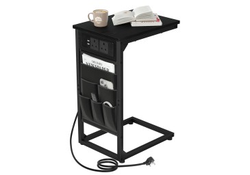 AMHANCIBLE C-Shaped Side Table with Charging Station, 2 USB & AC Outlets, Narrow Coffee Bedside Table with Cloth Storage Bag for Sofa, Small Spaces, Living Room, Bedroom, Black HET04CBK-1