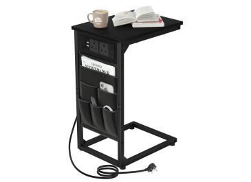 AMHANCIBLE C-Shaped Side Table with Charging Station, 2 USB & AC Outlets, Narrow Coffee Bedside Table with Cloth Storage Bag for Sofa, Small Spaces, Living Room, Bedroom, Black HET04CBK-1