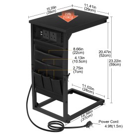 AMHANCIBLE C-Shaped Side Table with Charging Station, 2 USB & AC Outlets, Narrow Coffee Bedside Table with Cloth Storage Bag for Sofa, Small Spaces, Living Room, Bedroom, Black HET04CBK-1