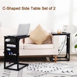 AMHANCIBLE C-Shaped Side Table with Charging Station, 2 USB & AC Outlets, Narrow Coffee Bedside Table with Cloth Storage Bag for Sofa, Small Spaces, Living Room, Bedroom, Black HET04CBK-1