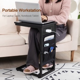 AMHANCIBLE C-Shaped Side Table with Charging Station, 2 USB & AC Outlets, Narrow Coffee Bedside Table with Cloth Storage Bag for Sofa, Small Spaces, Living Room, Bedroom, Black HET04CBK-1