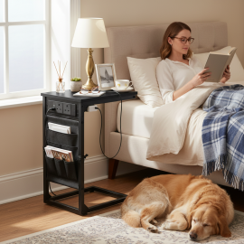 AMHANCIBLE C-Shaped Side Table with Charging Station, 2 USB & AC Outlets, Narrow Coffee Bedside Table with Cloth Storage Bag for Sofa, Small Spaces, Living Room, Bedroom, Black HET04CBK-1