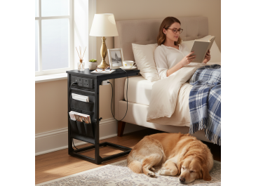 AMHANCIBLE C-Shaped Side Table with Charging Station, 2 USB & AC Outlets, Narrow Coffee Bedside Table with Cloth Storage Bag for Sofa, Small Spaces, Living Room, Bedroom, Black HET04CBK-1