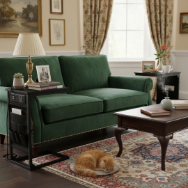 AMHANCIBLE C-Shaped Side Table with Charging Station, 2 USB & AC Outlets, Narrow Coffee Bedside Table with Cloth Storage Bag for Sofa, Small Spaces, Living Room, Bedroom, Black HET04CBK-1