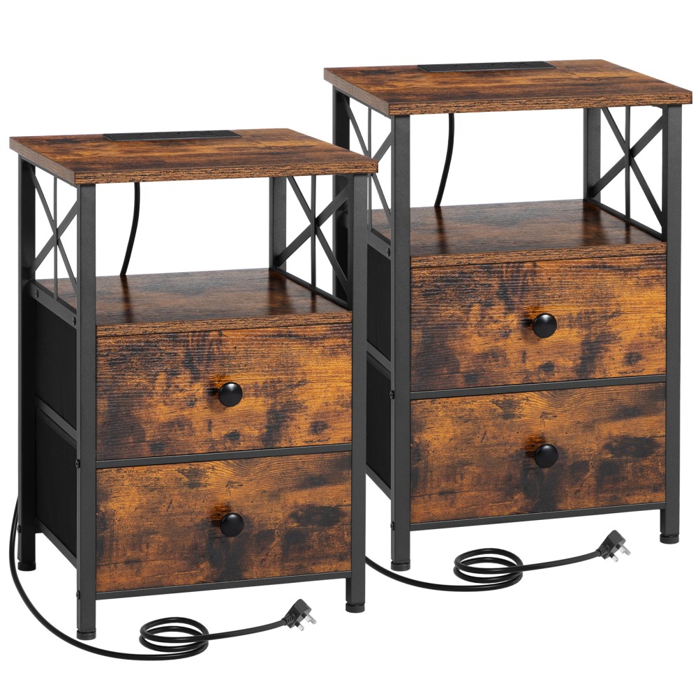 AMHANCIBLE 带充电站的床头柜，两件套床头柜，带两个布艺储物抽屉的边桌，小户型床头柜，客厅沙发边桌，复古棕色 HET05XBR